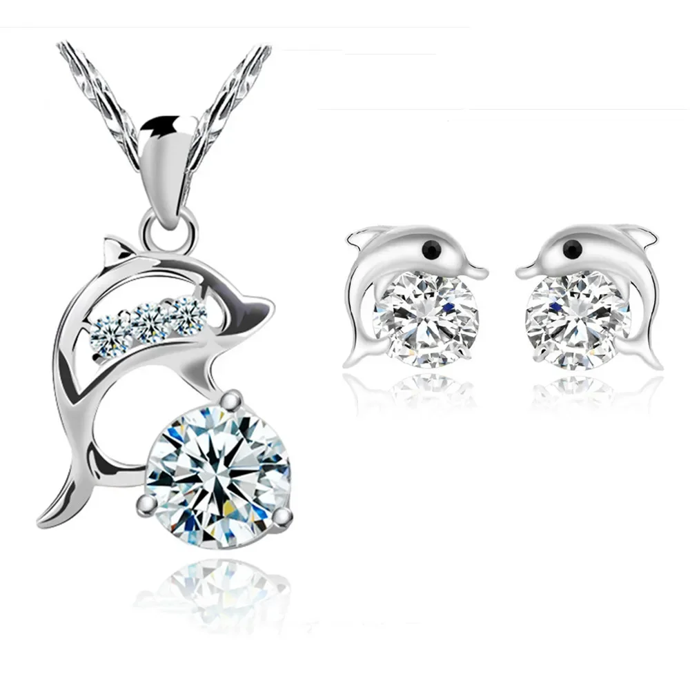 925 Sterling Silber Sakura Delphin Zirkon elegante Schmuck Set Damen Ohrringe Halskette hochwertigen Schmuck