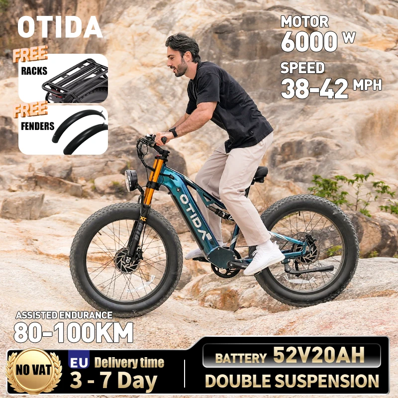 OTIDA S26 Electric Bike for Adults, 6000W Peak Dual Motor Ebike, 52V 20Ah 1040Wh Battery, 42MPH Max Speed E-Bike, Electric Bicycle, Adult Electric Bike, Fast Long Range Commuter Off Road Mountain City Travel Fat Tire Full Suspension Bike for Men Women