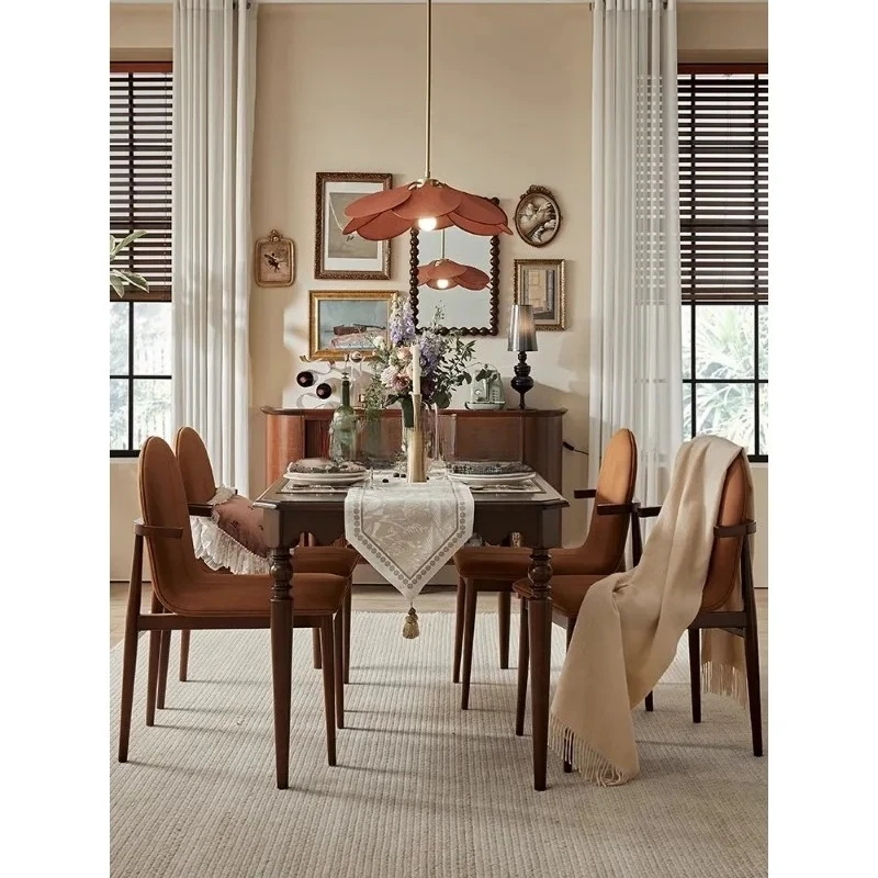 Retro solid wood square dining table Household black walnut French dining table