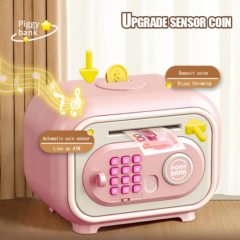 بنك الخنزير الإلكتروني للأطفال مع بصمة الإصبع وكلمة المرور، لعبة ATM آمنة مع الصوت والضوء، هدية بنك المال التعليمية
