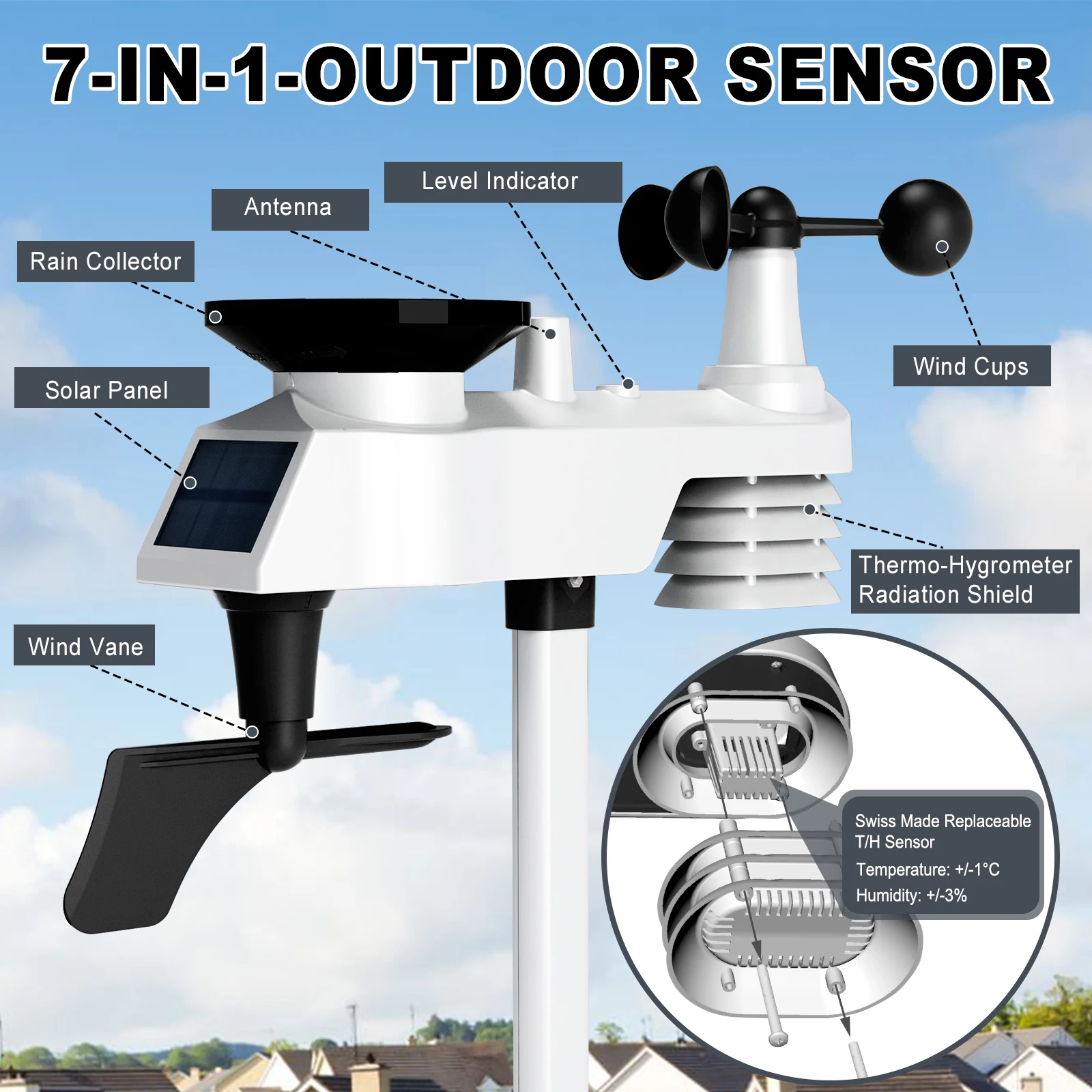 7-in-1 Professional Wireless Weather Station Solar Powered Temperature Humidity Wind Speed Direction Moon Phase Backlit Display