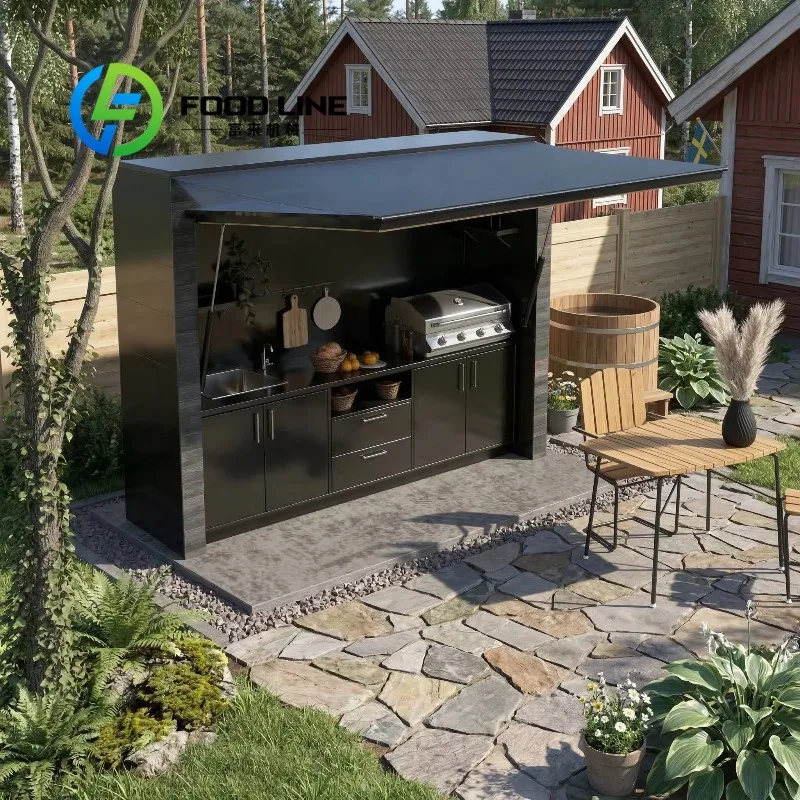European SS304 Environmental Protection Outdoor Kitchen with Shed Cool to the Touch Outdoor Kitchen with Closable Shed for Patio