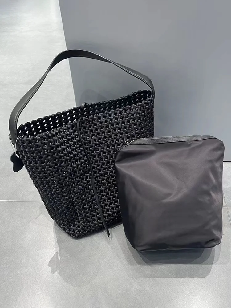 Borsa a tracolla in pelle bovina di grande capacità di alta qualità borsa a secchiello fatta a mano in tessuto di Nylon borsa a tracolla femminile borsa da donna