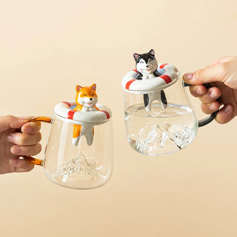 Cartoon Cat Glass Cup,High-value Coffee Mug with Lid Spoon,Creative Breakfast Milk Mugs, Couple Kawaii Cup,Birthday Gift Tea Cup
