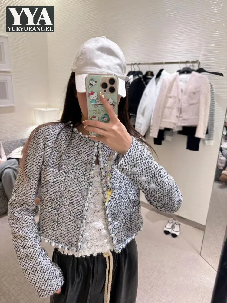 Office Ladies Pearl Lock Edge O Neck Single Breasted Jacket Long Sleeve Straight Short Coat Women Elegant Autumn New Outerwear