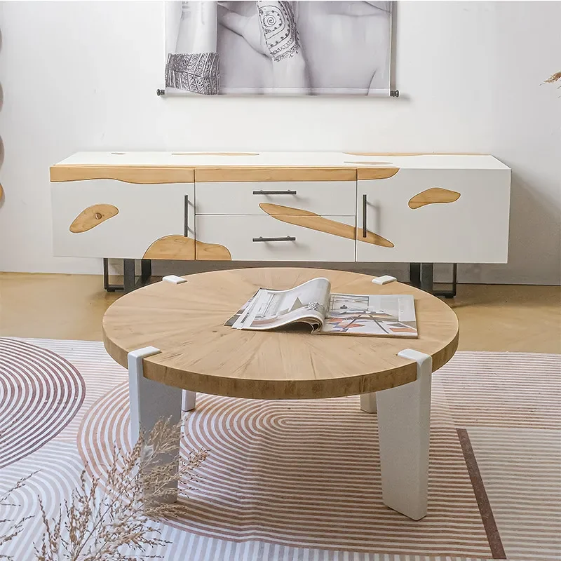 

Round coffee table Nordic cream style log color small apartment side table casual simple living room coffee table