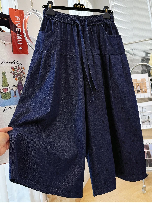 

plus Size Casual Polka Dot Denim Wide Leg Pants Loose Fit Summer Thin Nine Points Trousers for Women Breathable Polyester Fiber
