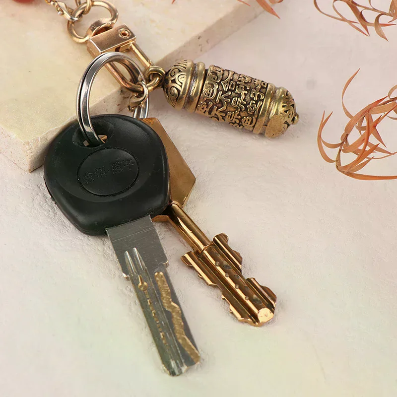 1pc Pendant Box Hollow Brass Buddha Sutra Cylinder Keychain Handmade Vintage Pill Container Bottle For Home Use