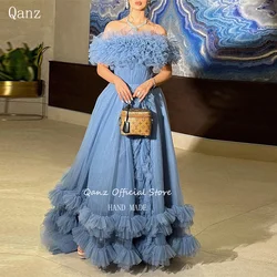 Qanz Blue Long Evening Dresses Ruched Customized A Line Off The Shoulder Corset Black Formal Occasion Dresses Abendkleider Dubai