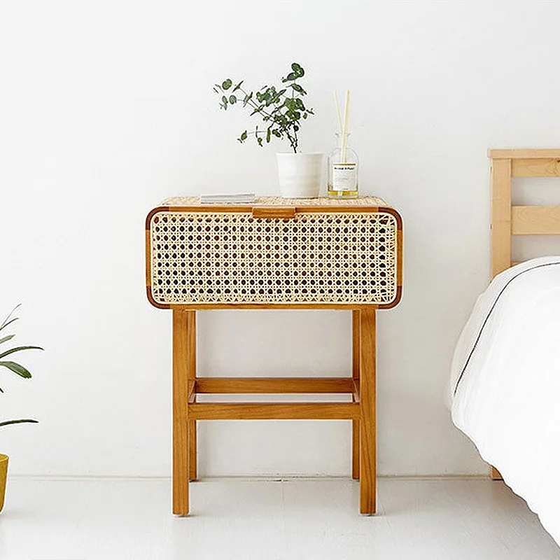 ins solid wood rattan bedside table Nordic simple modern small cabinet B & B retro style bedroom with storage space