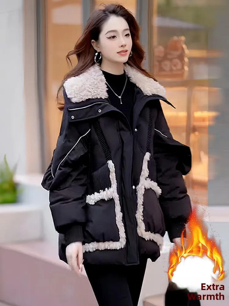 

Ele Mid-Length Thiened Cotton Jaet Women's Winter Outerwear Long Sve Faux Fur Collar Commute Sle Korean Loose Fit