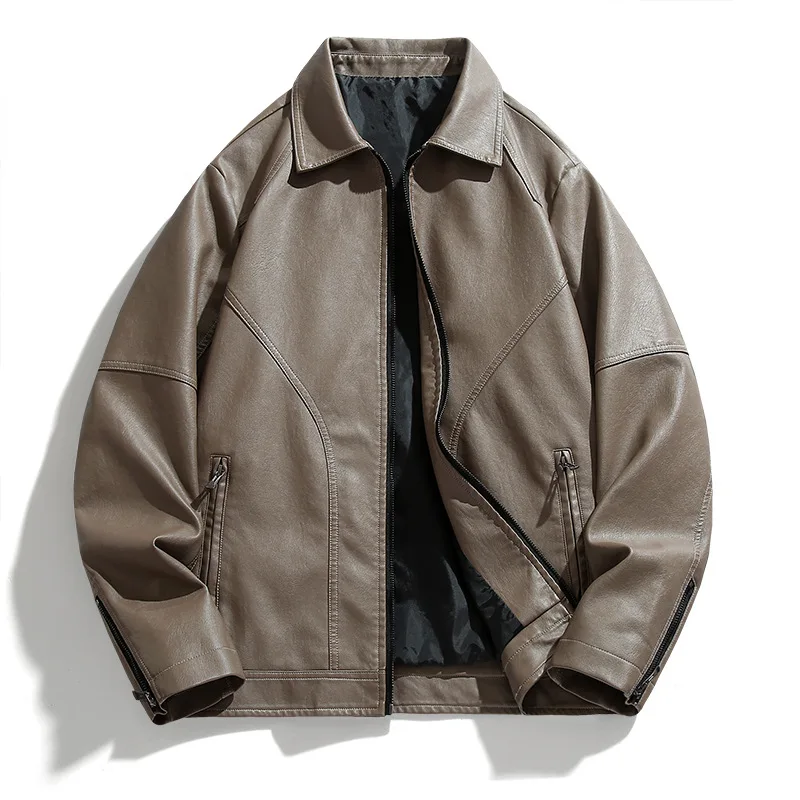

New Autumn Men Leather Coat Vintage Turn Down Collar Men Bomber Jacket Loose Long Sleeves Zipper Pocket Outerwear For Male