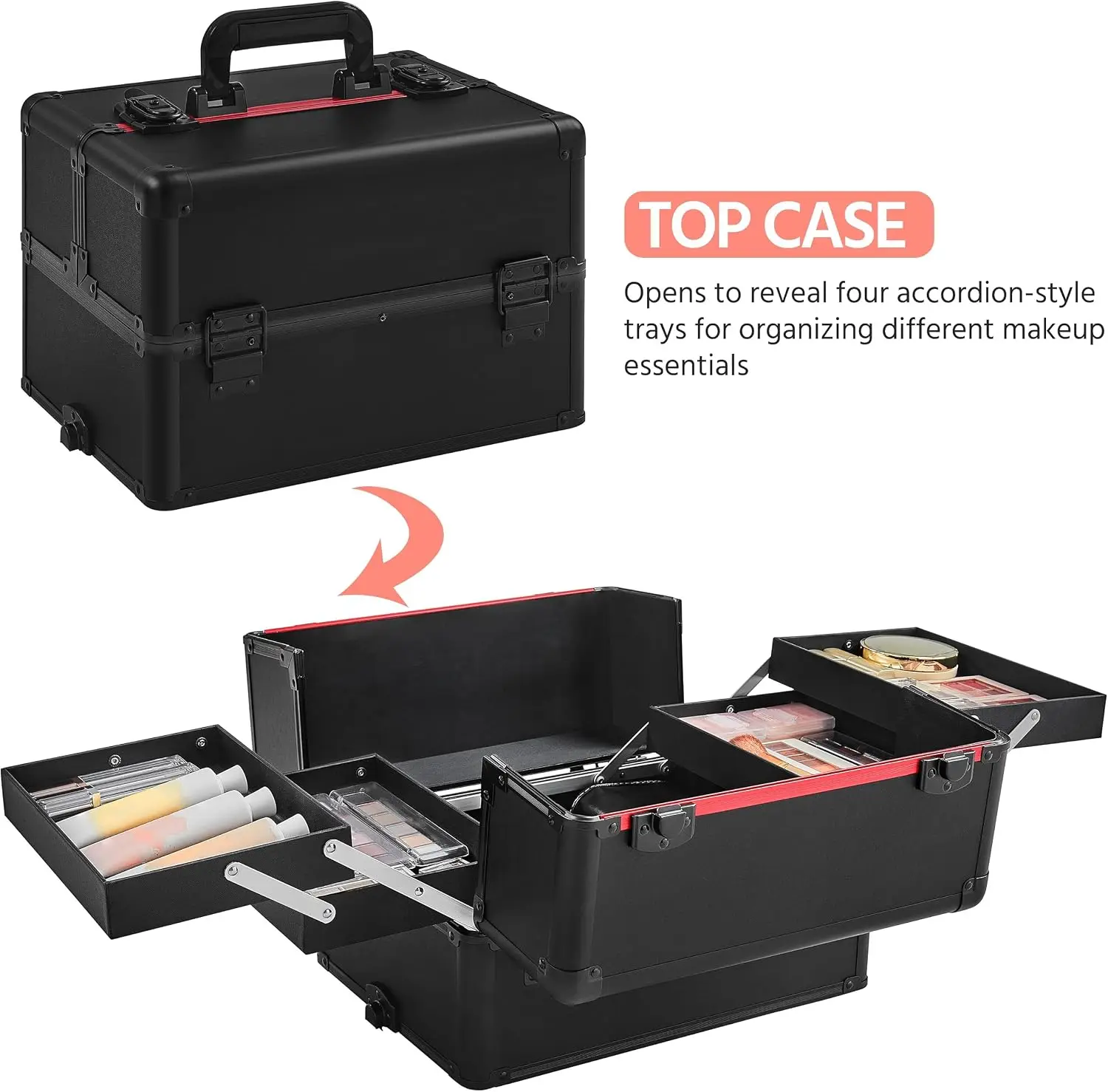 Rolling Makeup Train Case, Cosmetology Storage Cart With Drawers, Travel Salon Nail Beauty Organizer Trolley On Wheels, Mobile Hairstylist Display Box, Modern Black, Set Of One view 3