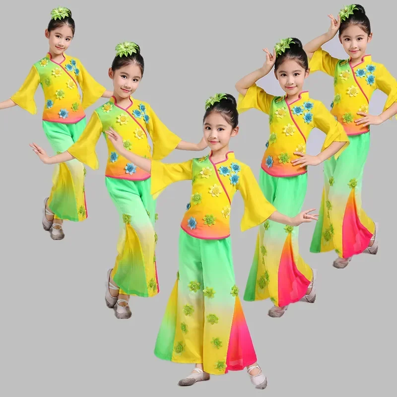 Nowe kostiumy dla dzieci Yangko Kostiumy do tańca ludowego Klasyczny taniec wachlarzowy dla dziewczynek Żółty kostium do tańca narodowego