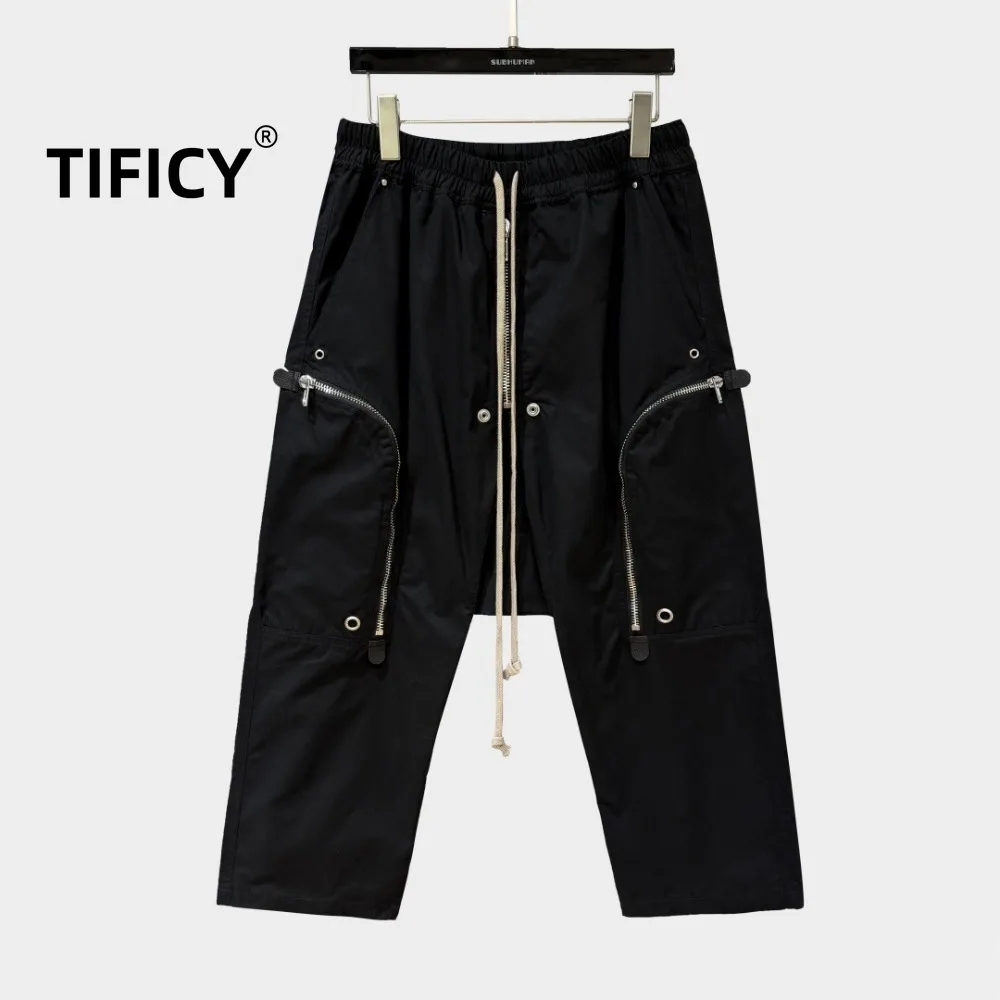 

High Street Pants Capris Men's Dark and Trendy Multi Pocket Zipper Casual Hip-hop Hanging Crotch Cropped Streetwear Pants