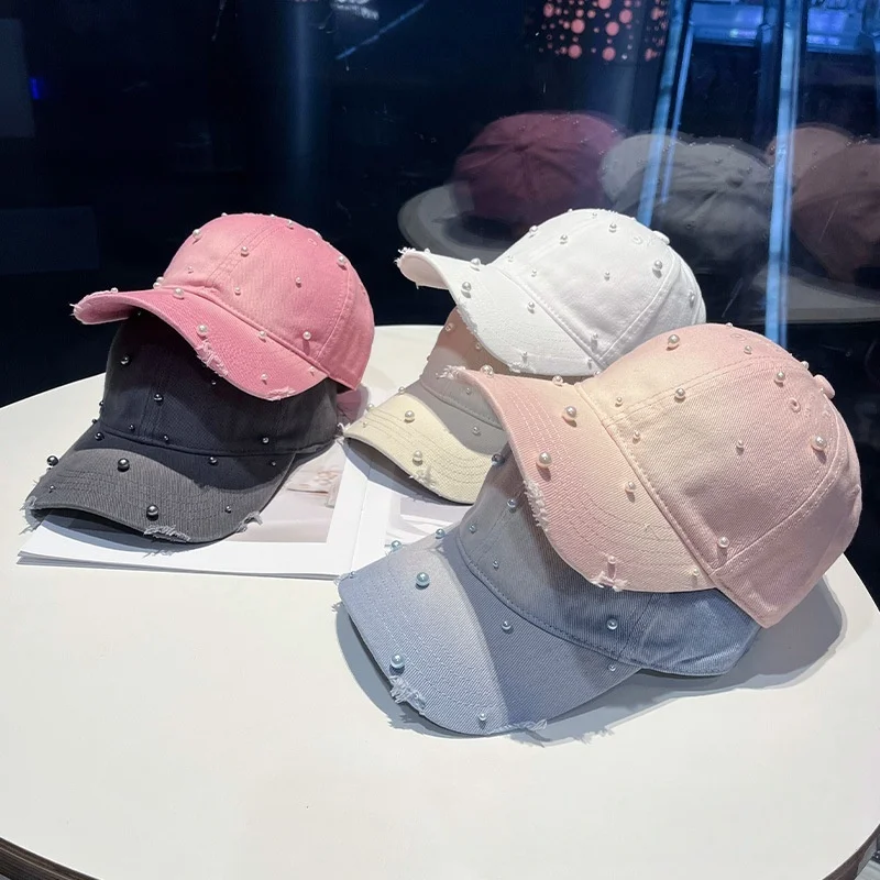 Spring/Summer Pearl Soft-Peaked Duckbill Cap Distressed Washed Cotton Casual Baseball Cap Distinctive Design Sports Cap