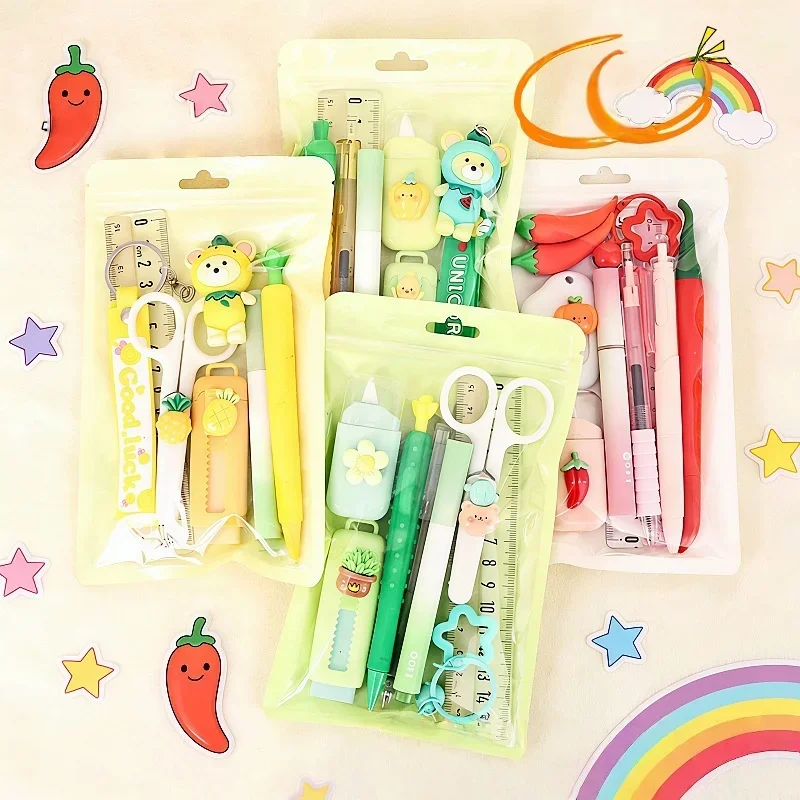Creative Cute Vegetable and Fruit Stationery Set Ruler Eraser Neutral Pen Pencil and Other Learning Supplies Student Reward Gift