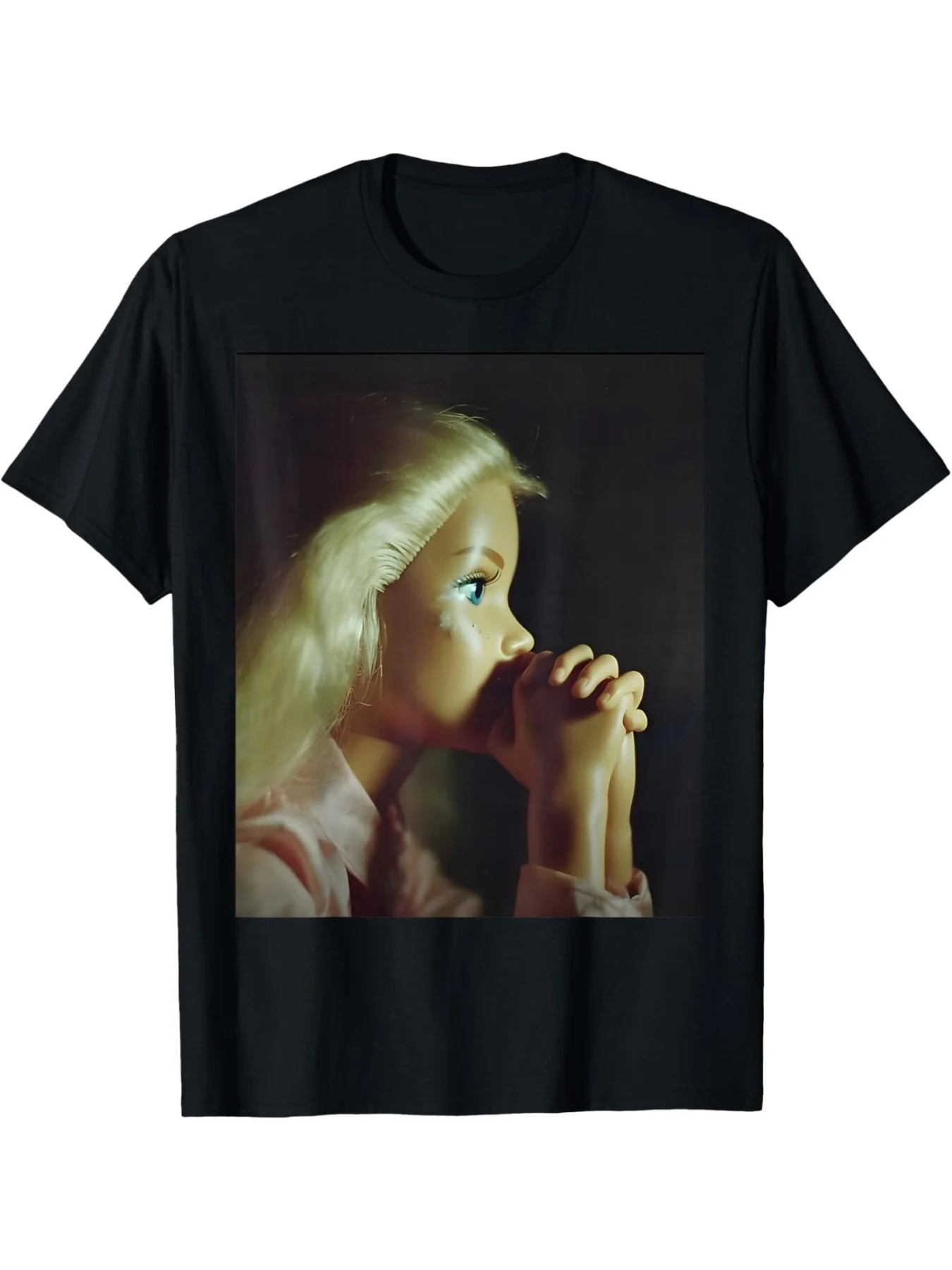 Suitable for TeenagersBlack Short Sleeve Graphic T-Shirt with Praying Blonde Doll Unique Casual Tee, for Teenager