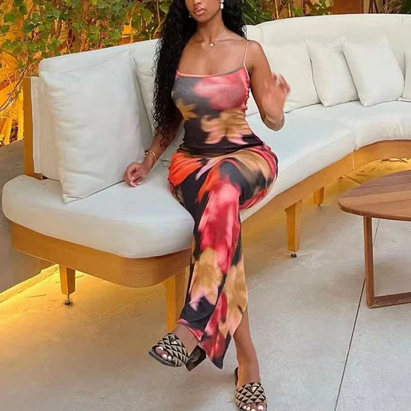 CPSYMYM Women Sexy Summer Sling Dress Vintage Sleeveless Backless Flower/Leopard Print Bodycon Long Dresses for Cocktail Party C