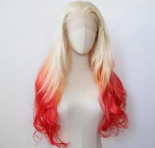 Blonde Ombre Red Synthetic Lace Front Wig Long Wavy Lace Front Synthetic Wig Pre Plucked Heat Resistant Fiber Hair