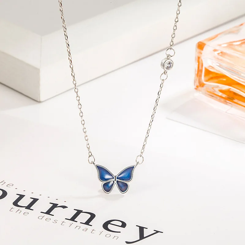

New 925 Sterling Silver Butterfly Necklace Temperature Color Changing Creative Pendant Choker Gift for Women Exquisite Jewelry