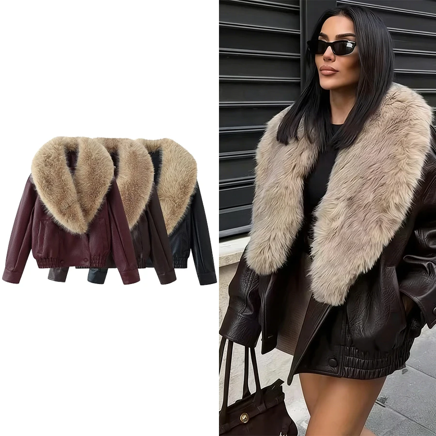 Jaquetas Femininas com Gola de Pele Sintética, Casaco Vintage de Inverno, Moda Quente, Jaquetas Bomber de Couro Sintético Soltas, Look Chic para Mulheres