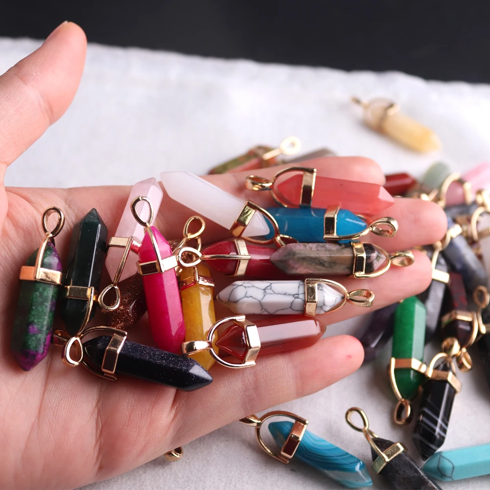 Wholesale 24pcs/lot Assorted Natural Stone Gold Plated Charms Hexagonal Pointed Healing Reiki Pendants For Jewelry Making Free