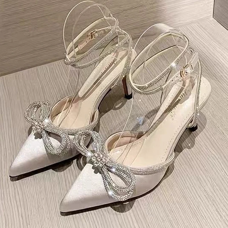 Rhinestones Bowknot Sandals for Women Sexy Buckle Strap Ladies High Heel Pumps Pointed Toe Silk Fashion 2022 Female Shoes Summer