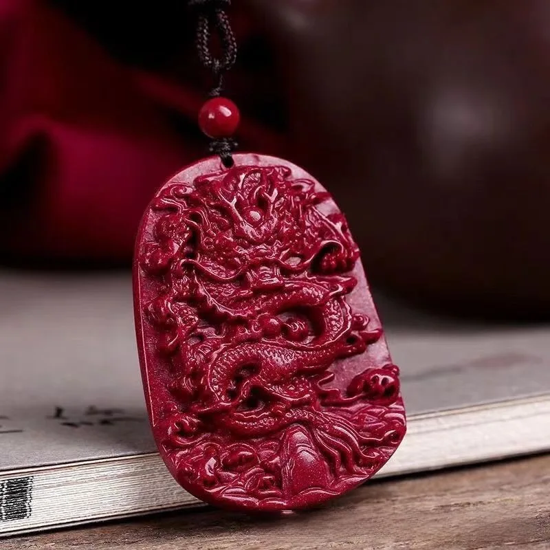 Cinnabar Hollow Double-sided Engraved Dragon Pendant Zodiac Dragon Necklace Pendant