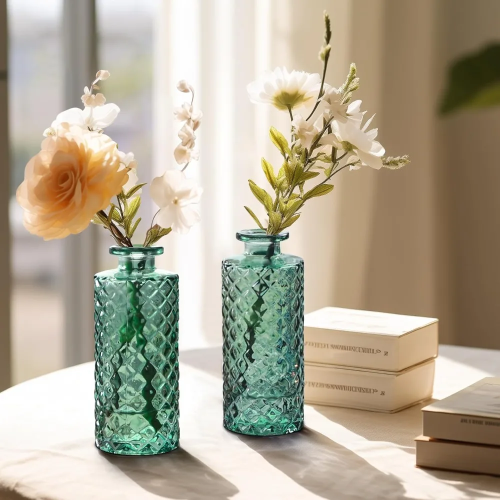 مجموعة مزهريات برعم زجاجية مكونة من 12 قطعة، مزهريات برعم ماسية صغيرة بكميات كبيرة، مزهريات زهور صغيرة للقطع المركزية، قطعة مركزية للديكور العتيق