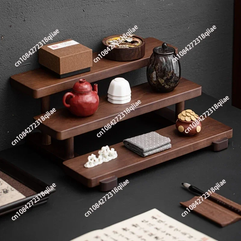クルミ材ティーセットディスプレイスタンドティーポットショーケースラック3段ラダー収納ラックコンパクトデスクトップオーガナイザー家の装飾用