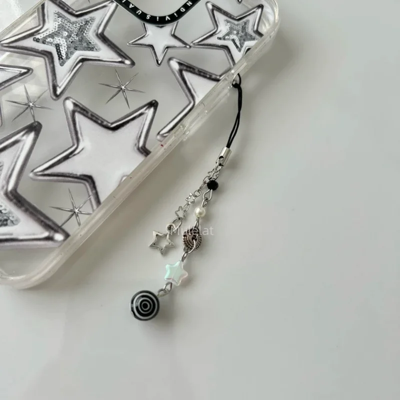 Y2k Swirly Phone Charm Y2k Black Grunge core Beaded Star Keychain Gifts For Her Him