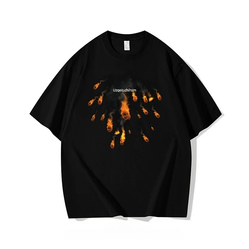 Men's Summer New American Streetwear Fire Meteor Print Casual Loose Rouhnd Neck Black Short Sleeve T-shirt Daily Wear