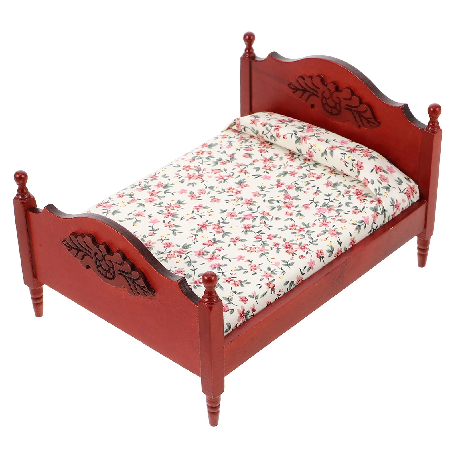 

1:12 Scale Wooden Dollhouse Bed Vintage European Style Brown Miniature Bedroom Furniture for Dollhouse Decoration Crafting Scene