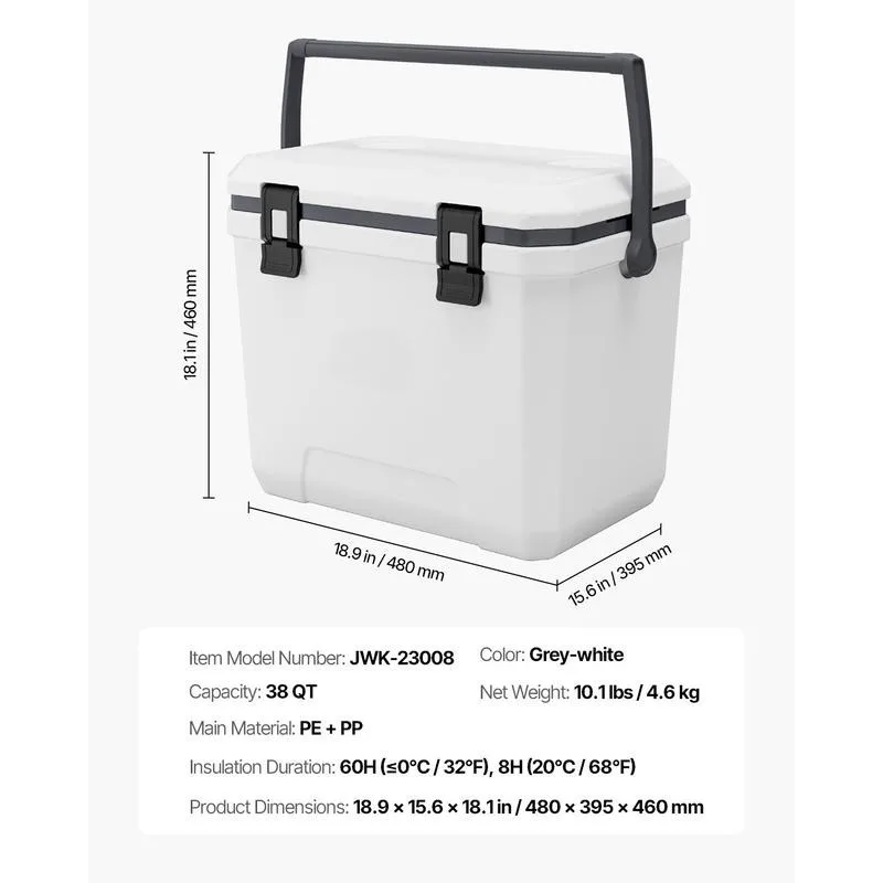 Portable Cooler 38 QT Insulated Hard Cooler 54 Can Capacity with Cup Holder