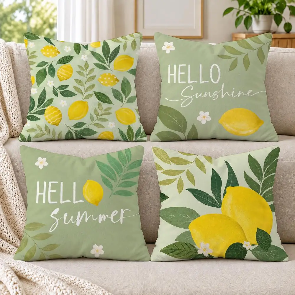 4PC Fresh Summer Lemon Style Cushion Cover Soft Plush Double-Sided Print Throw Pillow Cover Home Decor for Sofa Living Room