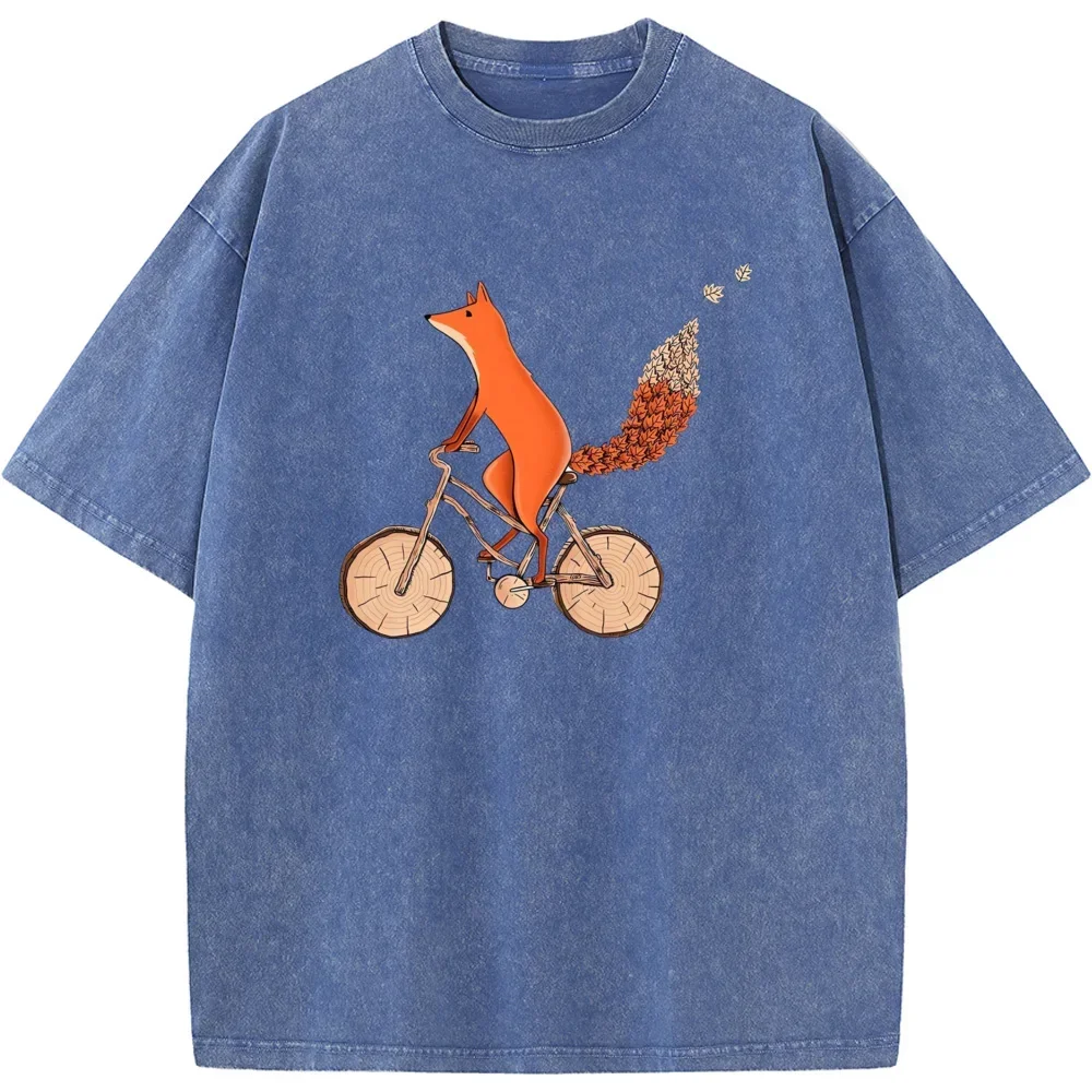 Fox Bicycle Men's Washed T-Shirt Summer Cotton Bleached Tshirt Tops Vintage Loose Casual Tees Fashion Loose Bleach T shirt