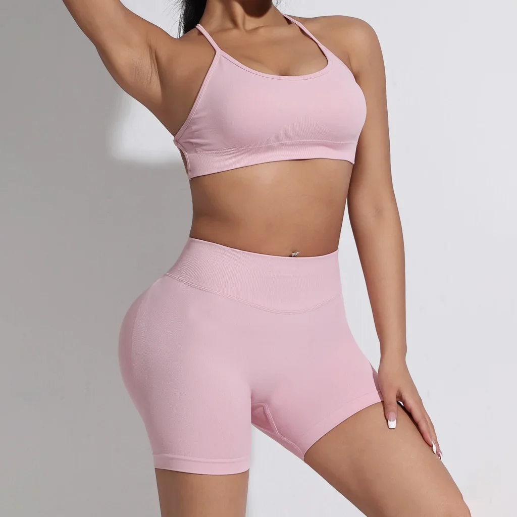 

WANAYOU Seamless 2pcs Women Yoga Shorts Set Cross Back Sports Crop Top Bras Impact Gym Tight Scrunch Butt Quick Dry Workout Set