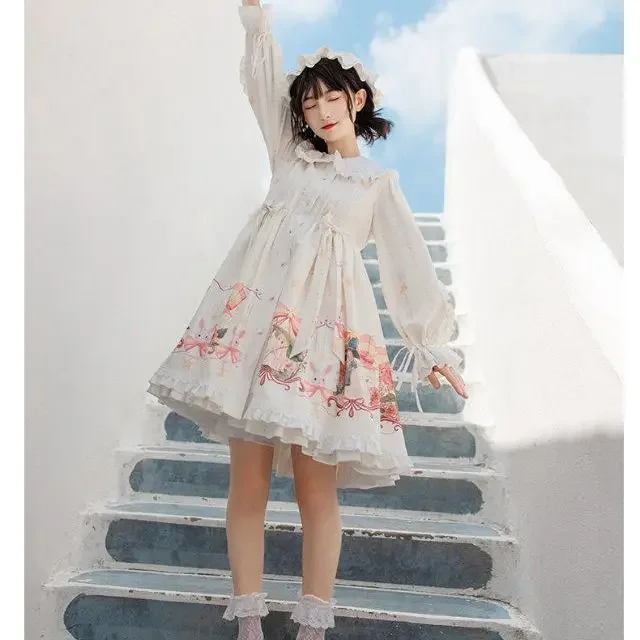 MAGOGO Japanse Zoete Lolita OP Jurk Meisjes Kawaii Cartoon Print Boog Ruches Prinses Jurken Vrouwen Lange Mouw Party Vestidos