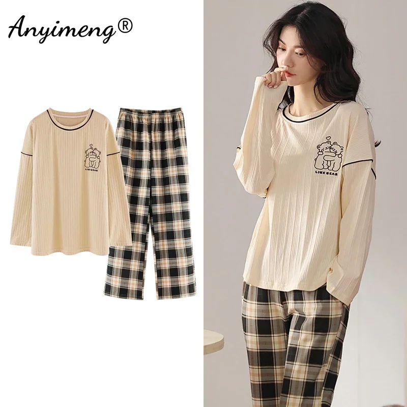 Conjunto de pijama kawaii coreano feminino, pijama de algodão, manga longa, pijamas grandes, moda, outono, inverno, novo, plus size, 4XL, 5XL
