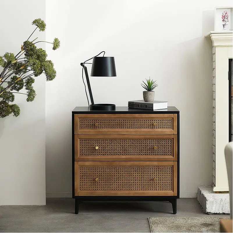 retro black three-bucket storage cabinet with drawer modern simple rattan bedside table for bedroom nightstand furniture