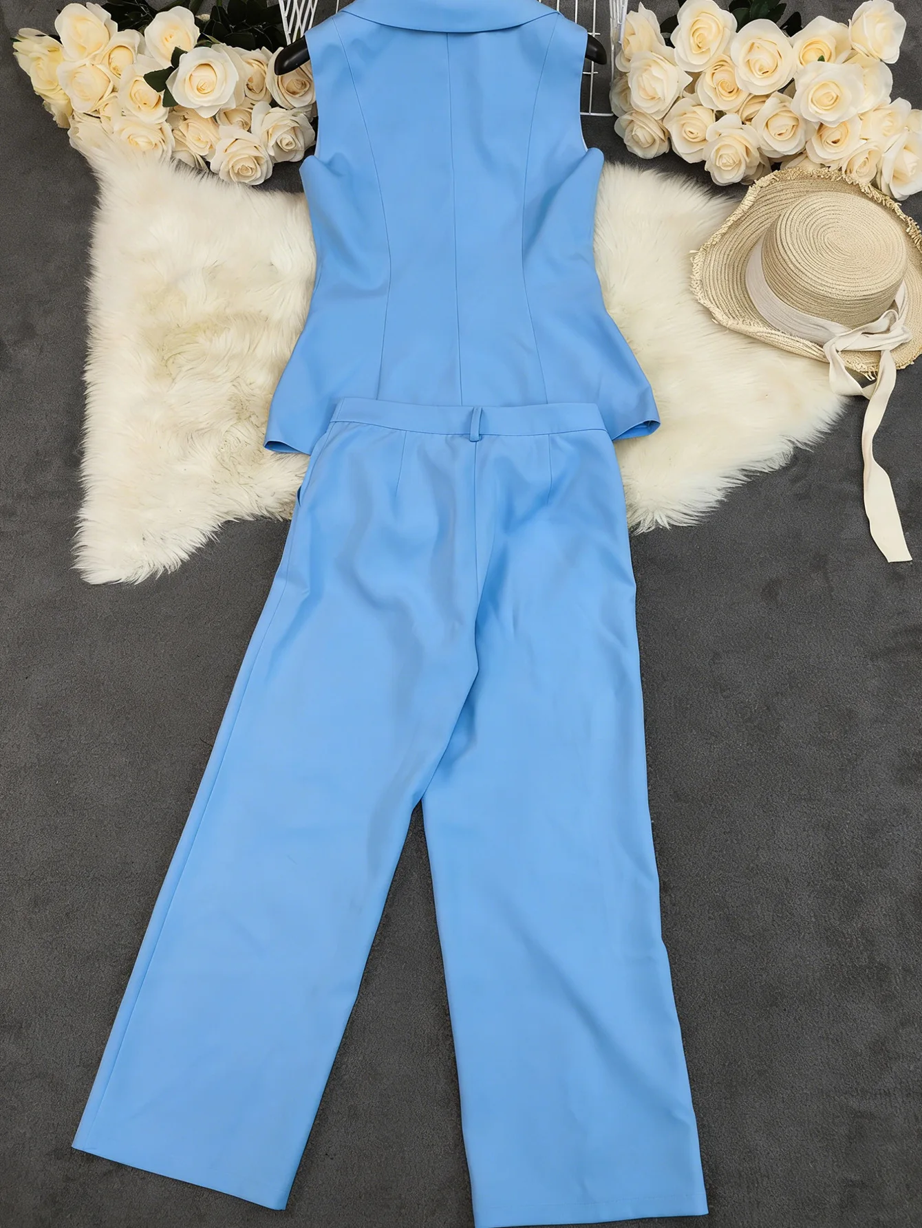 Pant Set Women Two Piece Sets Turn Down Collar Sleeveless Coats Wide Leg Long Pants High Waist Y2k Streetwear Work 2026 Spring