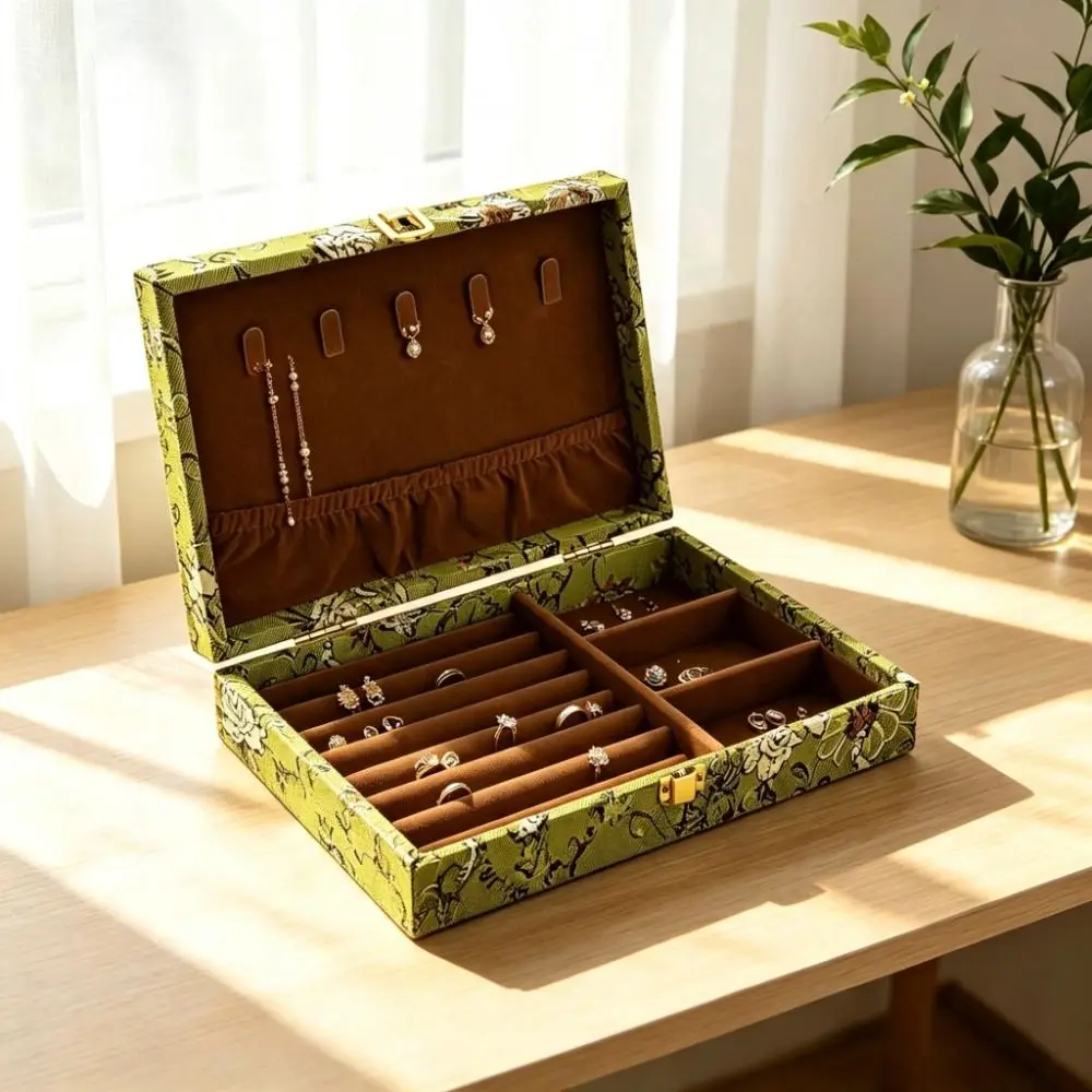 Retro Wooden Jewelry Box Floral Large Capacity Multi Compartment Jewelry Holder Luxury Embroidered Vintage Jewelry Case