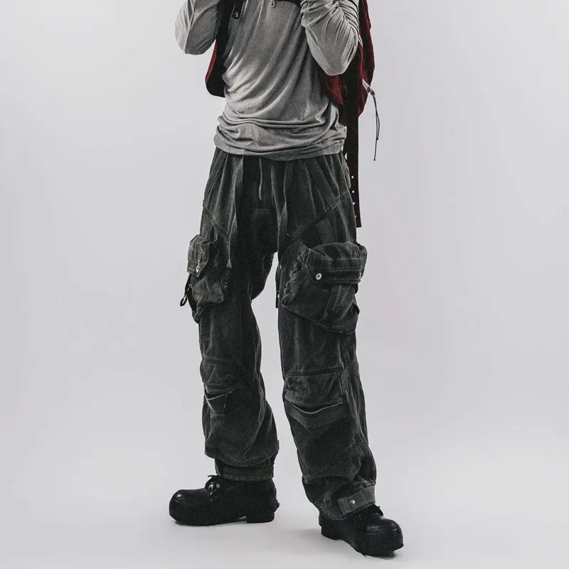HKSH Autumn New Men's Tide Y2K Original Niche 3D Pocket Denim Distressed Loose Casual Cargo Pants Chic Fashion Streetwear HK2830