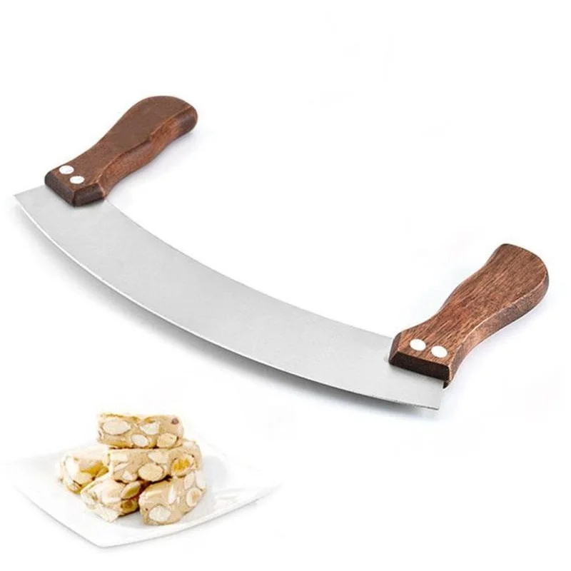 Cuchillo de Pizza con doble mango de madera, herramienta de cocina para hornear, acero inoxidable con raspador curvo, turrón