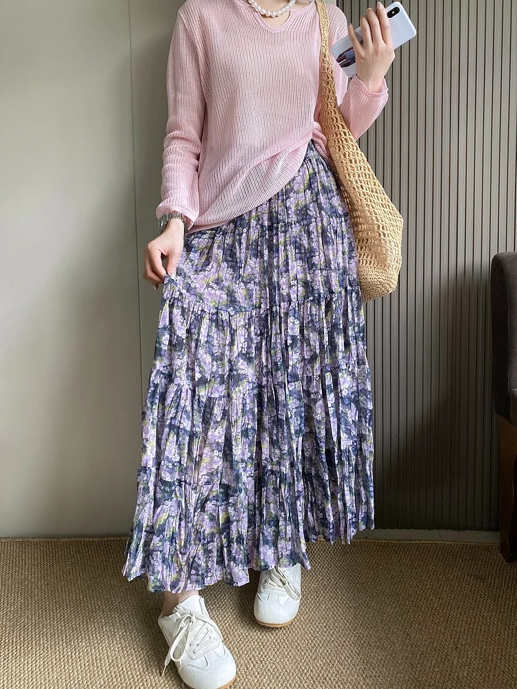 

High Waist Floral Print Midi Skirt Women's A-Line Skirt Flared Umbrella Skirt Korean Sle Commute Spring Summer New Arrival