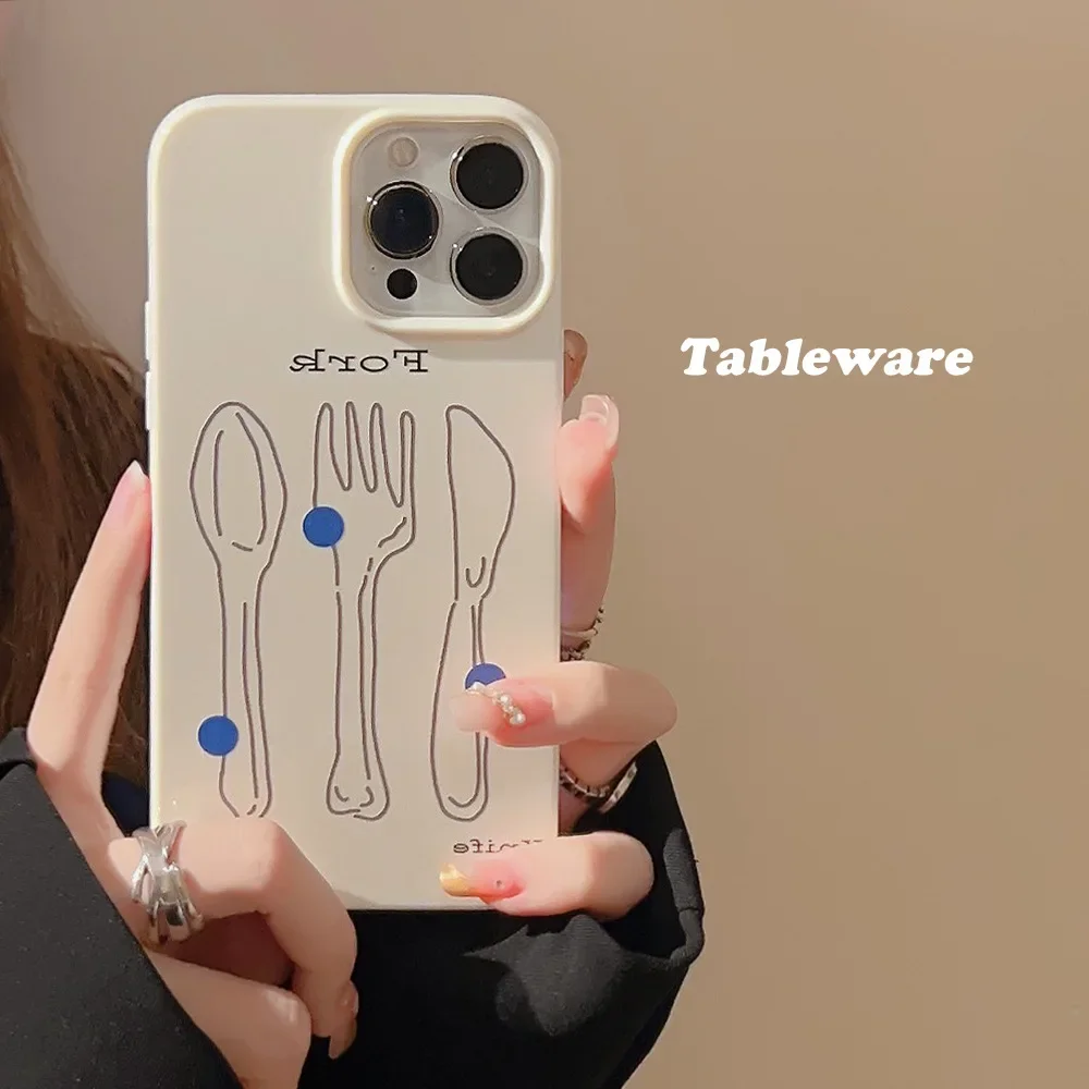 Retro tableware knife fork spoon art Phone Case For iPhone 14 13 12 11 Pro Max Xr Xs 7 8 14 Plus Case Cute cartoon Soft Cover