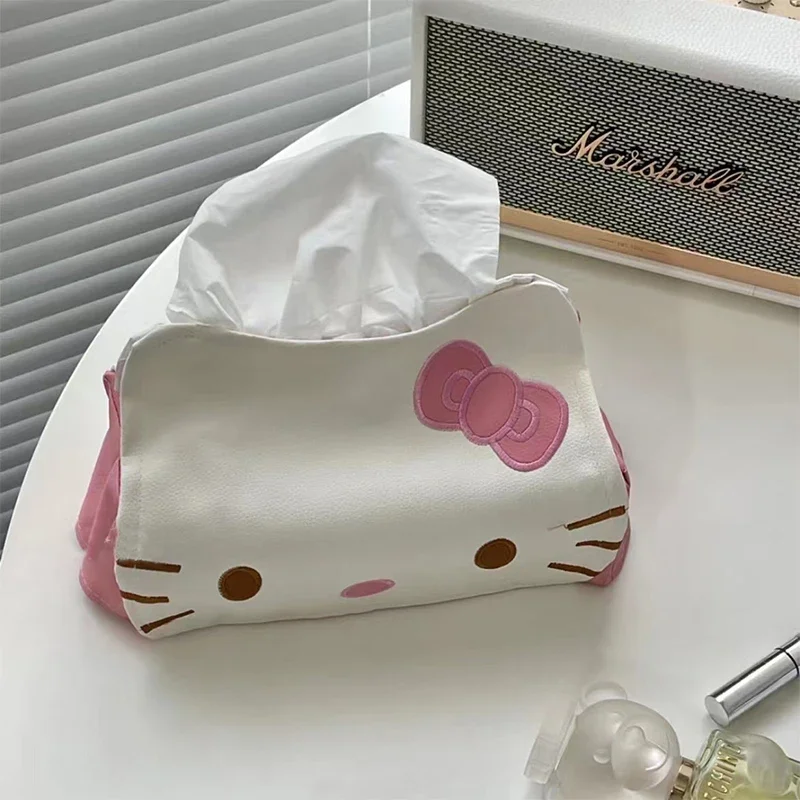 MINISO Sanrio Hello Kiity Kotak Serbet Kertas Kartun Kt Kotak Tisu Kucing Lucu Kulit PU Kotak Penyimpanan Kertas Rumah Mobil Hadiah Anak Perempuan