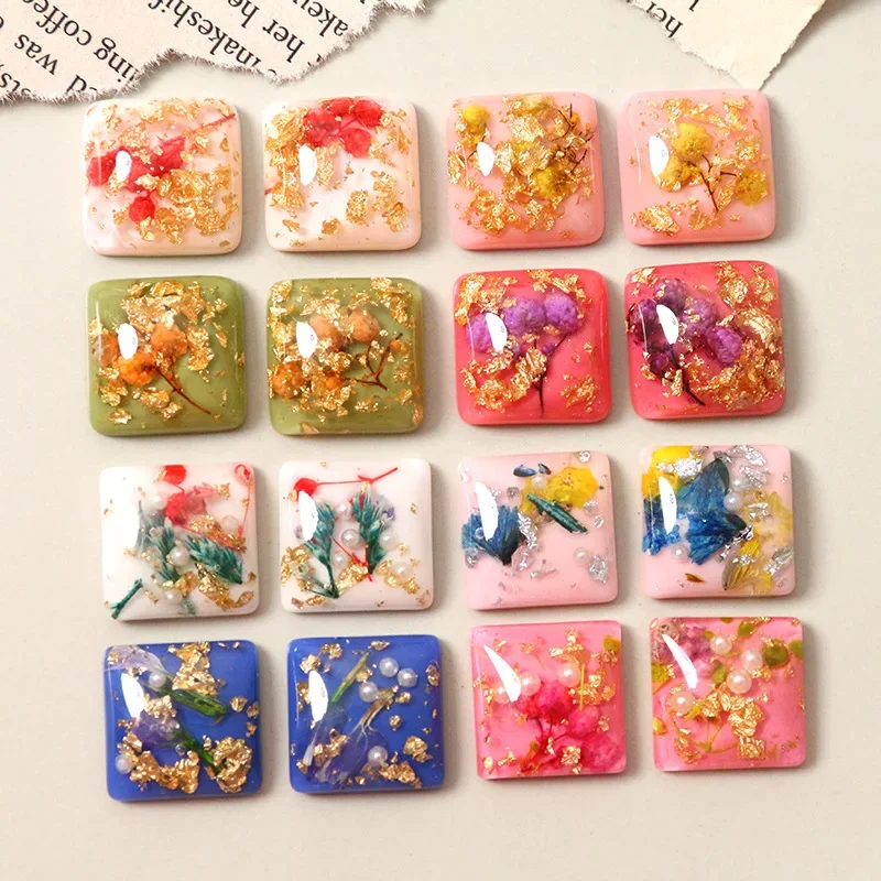 5pcs Japanese Japanese style gold leaf pearl dried flower square resin cabochon DIY earrings hairpin wholesale