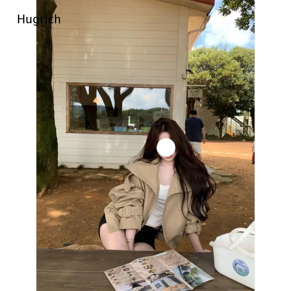 Minimalist Khaki Short Trench Coat Oversized Lapel Buckle Cuff Waist Belt Lightweight Casual Outerwear